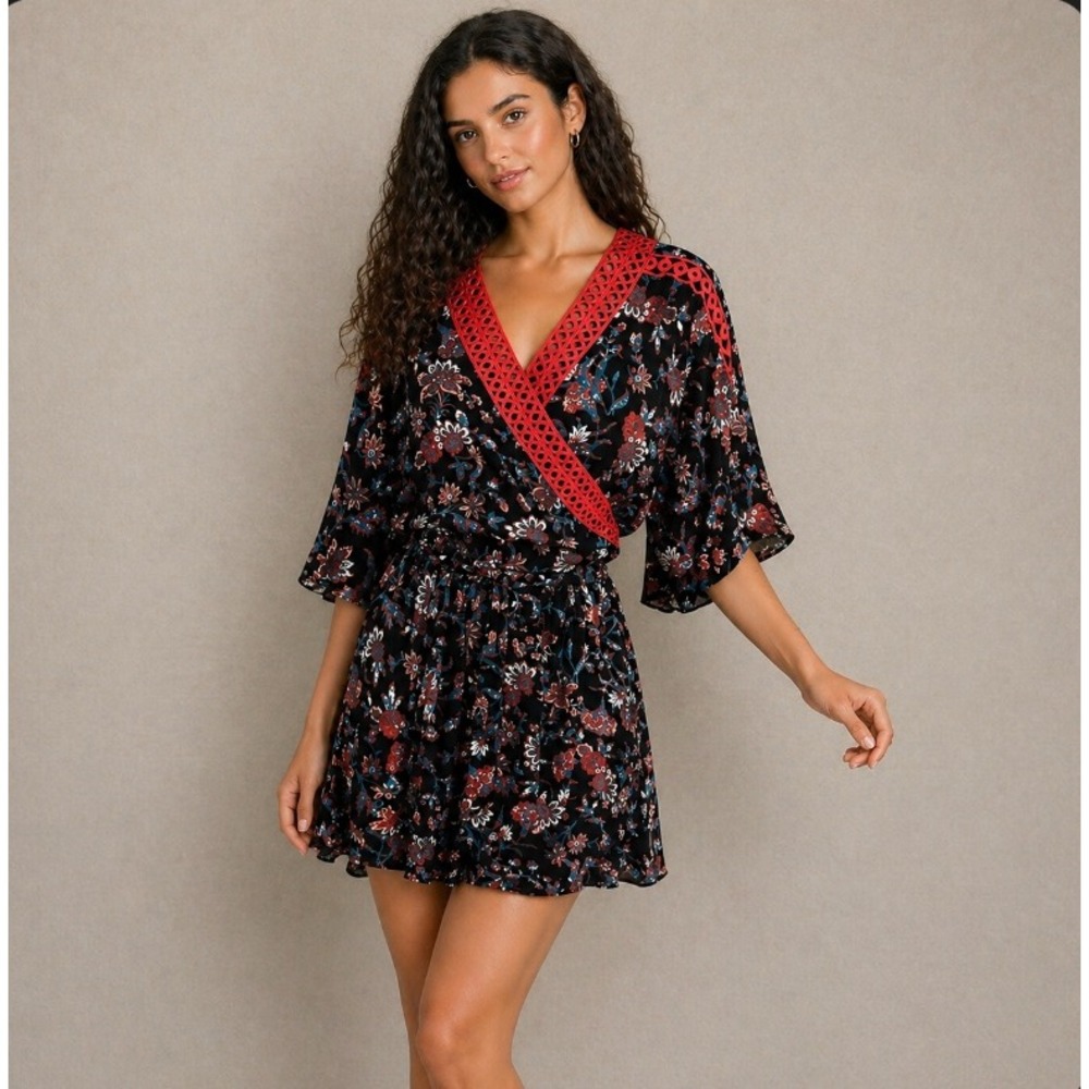 NWT‎ Feather Bone Anthropologie Wrap Dress XS Black Motif Floral Crochet Trim
